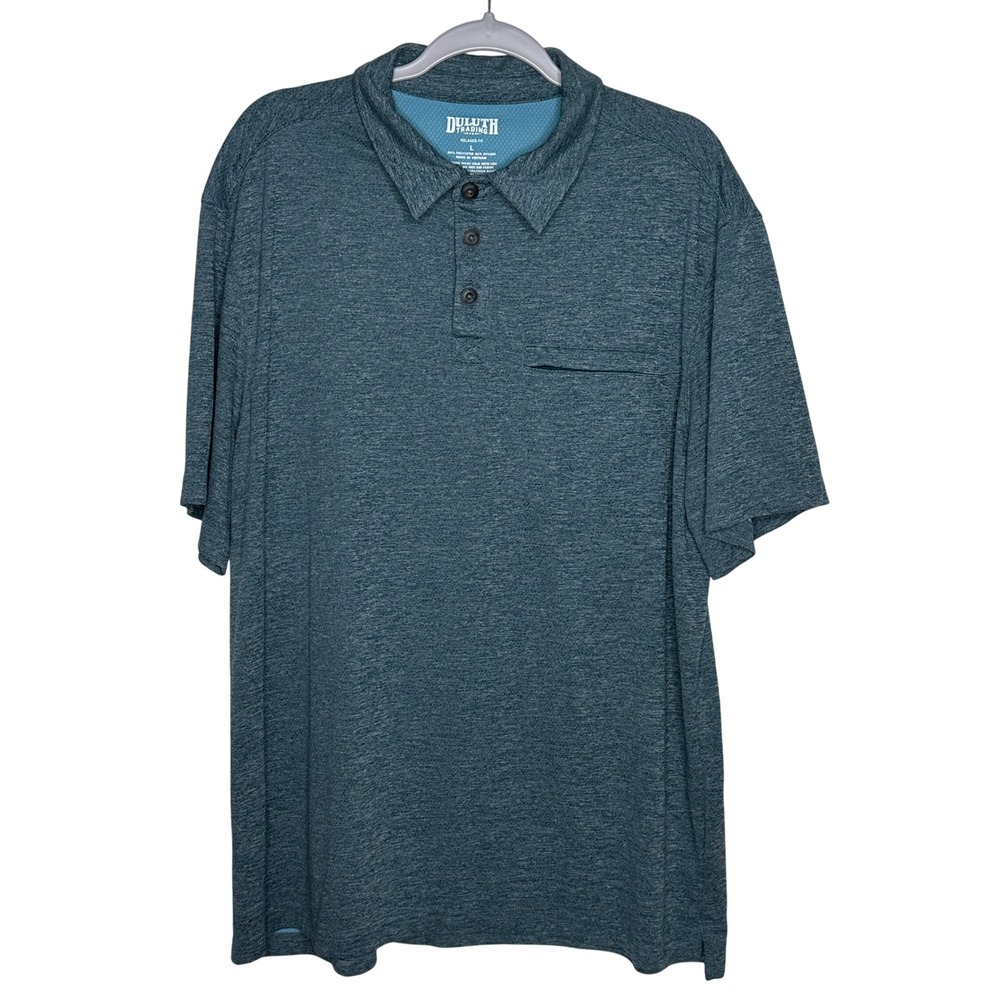 Duluth Trading Co Relaxed Fit Polo Shirt Mens L Blue Performance Knit Zip Pocket
